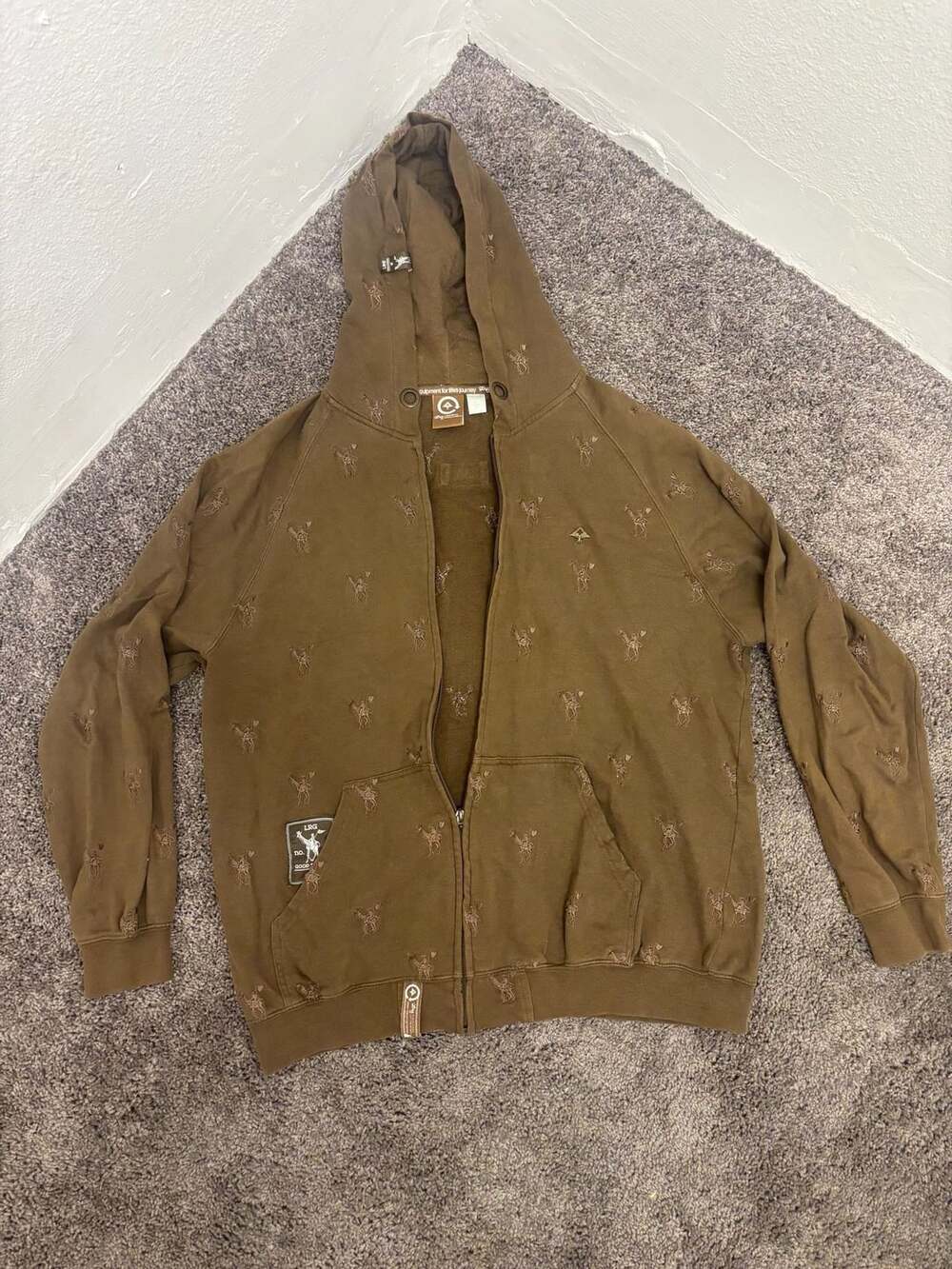 LRG Brown Full Zip Hoodie wAll-Over Embroidered Giraffe Jockey Pattern